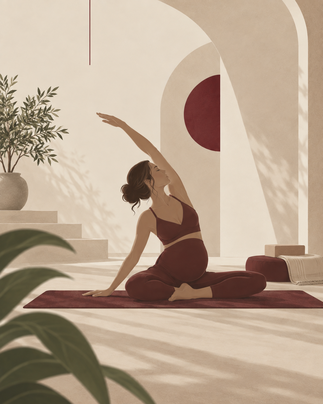 Prenatal Yoga — trudnica u burgund opremi u pozi sedećeg istezanja