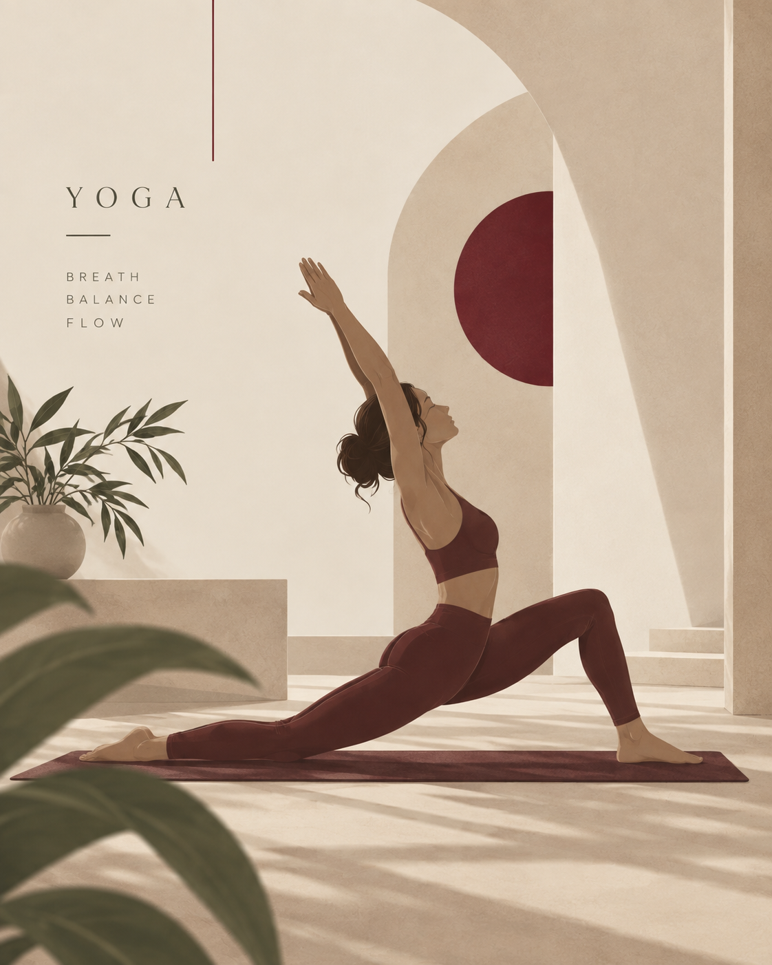 Yoga — žena u burgund opremi u niskom iskoračaju sa podignutim rukama