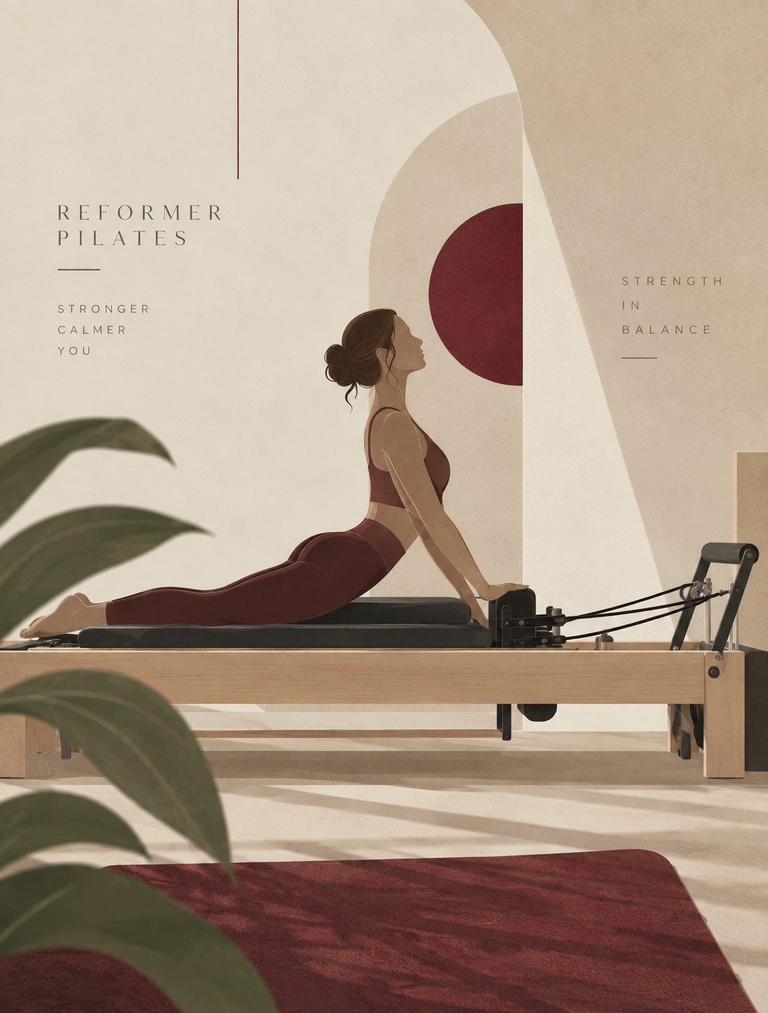 Reformer Pilates — žena u burgund opremi u pozi istezanja na reformeru