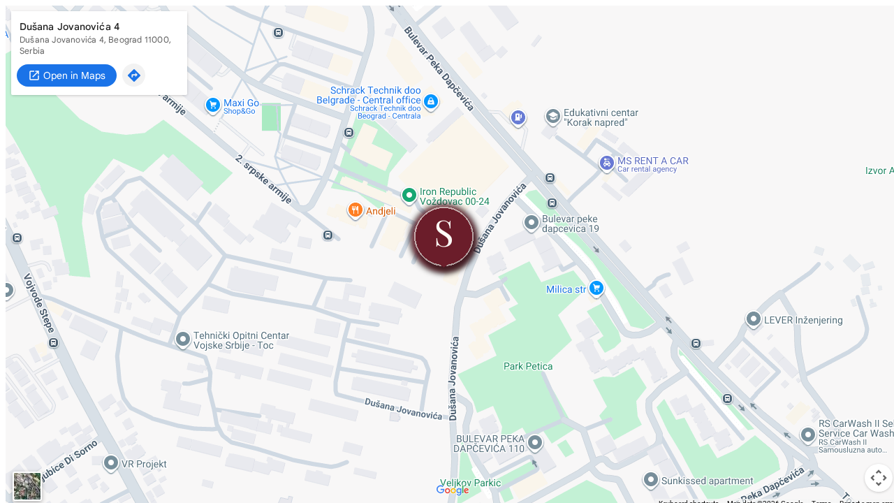 Mapa — SENSA lokacija u Dušana Jovanovića 4, Voždovac, Beograd, sa burgund pinom slova S na ulici
